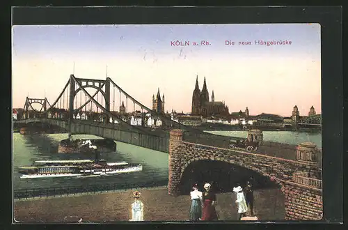 AK Köln a. Rh., Die neue Hängebrücke mit Dampfer