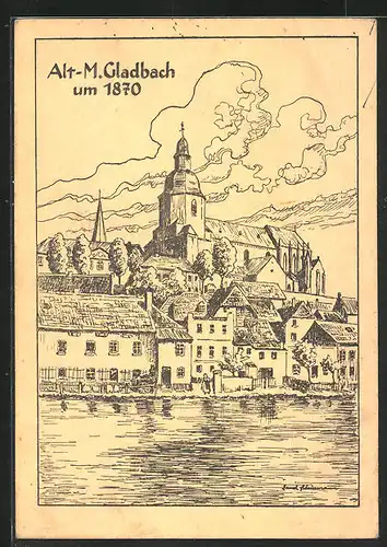 Künstler-AK Mönchengladbach, Teilansicht mit Kirche anno 1870