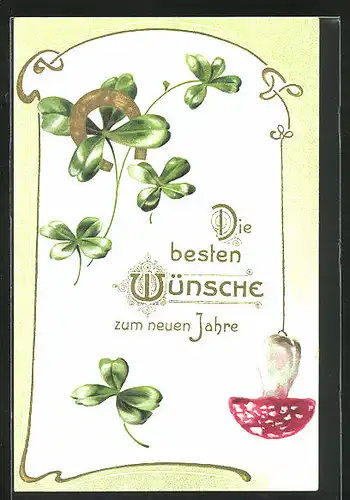 Präge-AK Kleeblätter mit Hufeisen und Fliegenpilz, Neujahrsgruss
