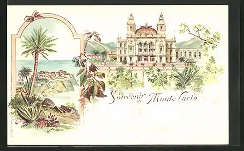 Lithographie Monte Carlo, Ortspartie, Herrschaftliches Gebäude