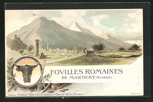 Lithographie Martigny, Fovilles Romaines, La Basilique, L`Amphithéatre