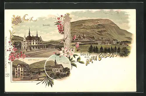 Lithographie Arth Goldau, Bahnhof, Hotel Steiner, Totalansicht