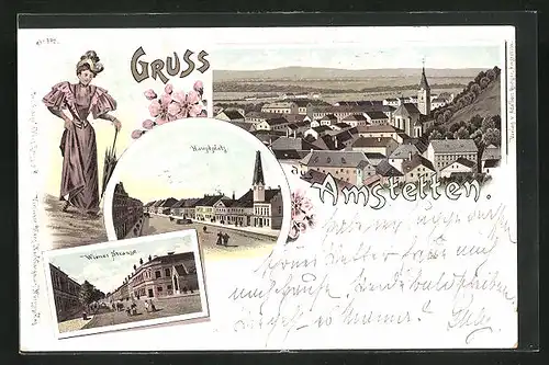 Lithographie Amstetten, Wiener Strasse, Hauptplatz, Totalansicht