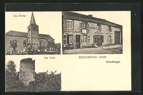 AK Kriechingen, Restaurant Laher, Kirche, Turm