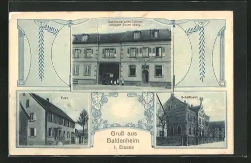 AK Baldenheim /Elsaa, Gasthaus zum Löwen, Post, Schulhaus