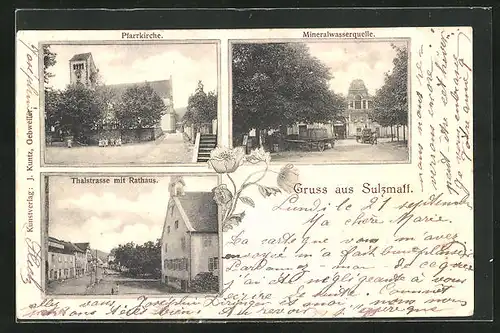 AK Sulzmatt, Pfarrkirche, Mineralwasserquelle, Thalstrasse mit Rathaus