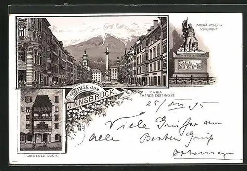 Vorläufer-Lithographie Innsbruck, 1895, Goldenes Dach, Maria Theresienstrasse, Andrä Hofer-Monument