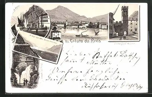 Vorläufer-Lithographie Riva, 1895, Porta Sant` Michele, Cascata del Ponale