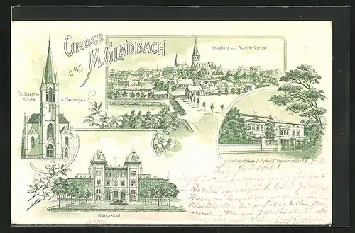 Lithographie M. Gladbach, Partien am Geroplatz, Kaiserbad und der St. Josephskirche