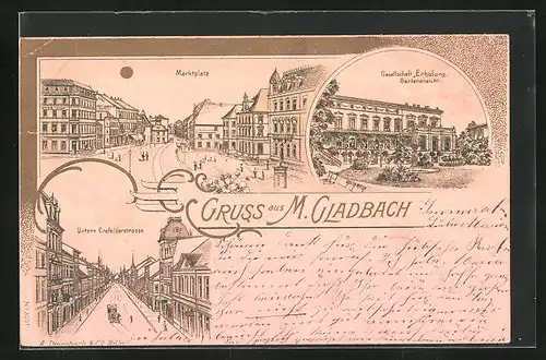 Lithographie M. Gladbach, Ortspartien am Marktplatz, Erholungsheim und der Unteren Crefelderstrasse