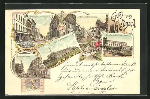 Lithographie Mönchengladbach, Ortspartien in der Crefelderstrasse, der Actien-Spinnerei und in der Bahnhofstrasse