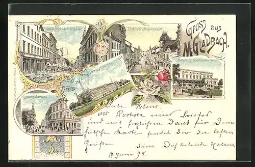 Lithographie Mönchengladbach, Partien in der Crefelderstrasse, der Bahnhofstrasse und der Spinnerei