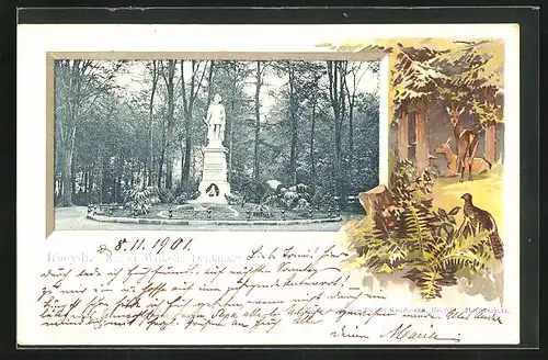 Passepartout-Lithographie Rheydt, Partie am Kaiser Wilhelm Denkmal, Rehe im Wald