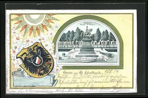 Passepartout-Lithographie Mönchengladbach, Partie am Kaiser Wilhelm Denkmal, Wappen