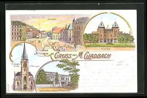 Lithographie Mönchengladbach, Orstpartien am Marktplatz, Kaiserbad und der St. Josephskirche