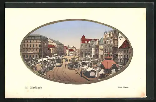 AK Mönchengladbach, Blick auf den Alten Markt mit Strassenbahn