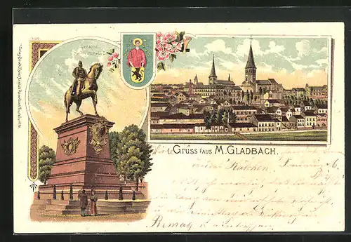 Lithographie Mönchengladbach, Ortsansicht mit Kirche und Kaiser-Wilhelm-Denkmal