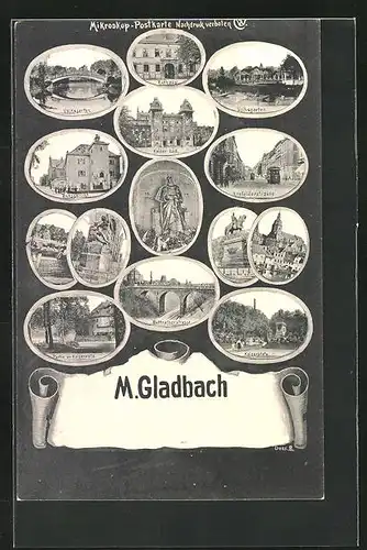 AK M. Gladbach, Ortspartien mit Rathaus, Volksgarten und Amtsgericht