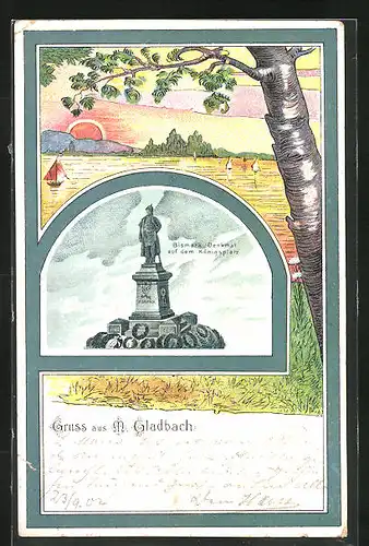 Passepartout-Lithographie M. Gladbach, Bismarck Denkmal auf dem Königsplatz, Segler und Sonnenuntergang