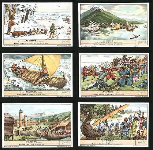 6 Sammelbilder Liebig, Serie Nr. 1676: La Siberie, Les débuts, Les marchands Stoganov, Schiffe, Winterlandschaft