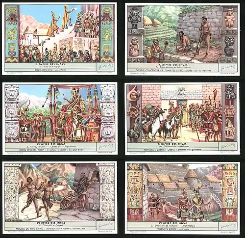 6 Sammelbilder Liebig, Serie Nr. 1591: L`Empire des Incas, Architecture, Chasquis et Quipus, Réseau routier