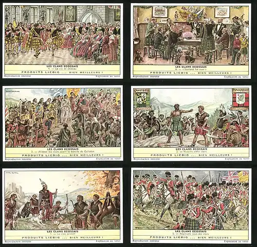 6 Sammelbilder Liebig, Serie Nr. 1755: Les Clans Ecossais, Régiments issus des clans, Le clan primitif