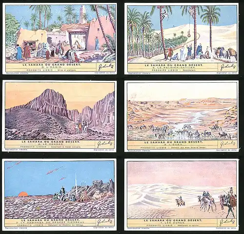 6 Sammelbilder Liebig, Serie Nr. 1453: Le Sahara ou Grand Désert, Les Dunes, La Hammada ou désert Pierreux