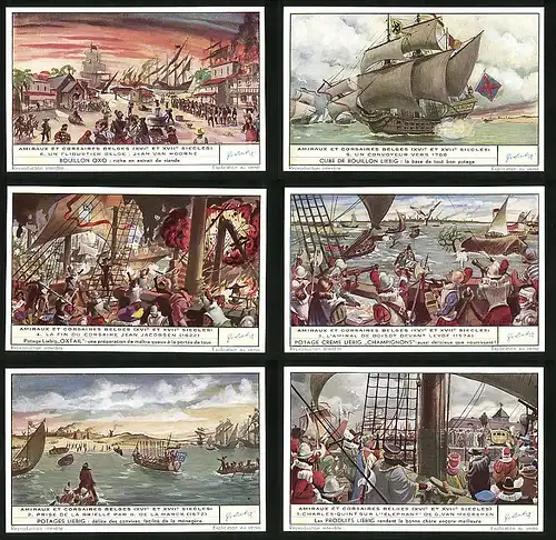 6 Sammelbilder Liebig, Serie Nr. 1531: Amiraux et Corsaires Belges, Charles-Quint sur l Elephant de G. Van Meckeren