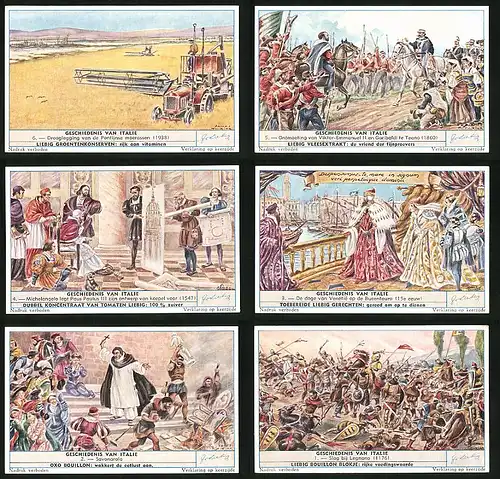 6 Sammelbilder Liebig, Serie Nr. 1701: Geschiedenis van Italie, Slag bij Legnano, Savonarola, Viktor-Emmanuell II
