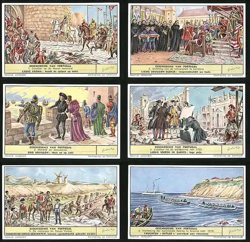 6 Sammelbilder Liebig, Serie Nr. 1680: Geschiedenis van Portugal, Inscheping der koninklijke familie te Ericeria