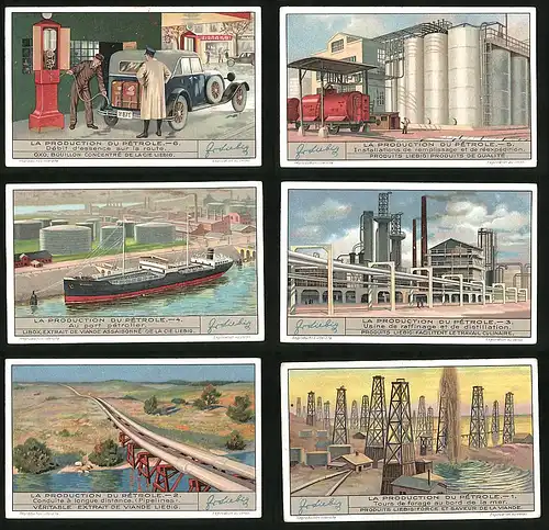 6 Sammelbilder Liebig, Serie Nr. 1298: La Production du Pétrole, Tours de forage au bord de la mer
