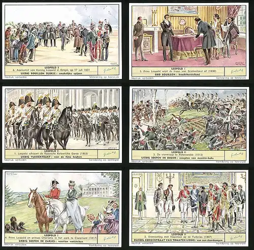 6 Sammelbilder Liebig, Serie Nr. 1669: Leopold 1., Ontmoeting met Napoleon op de Tuileries
