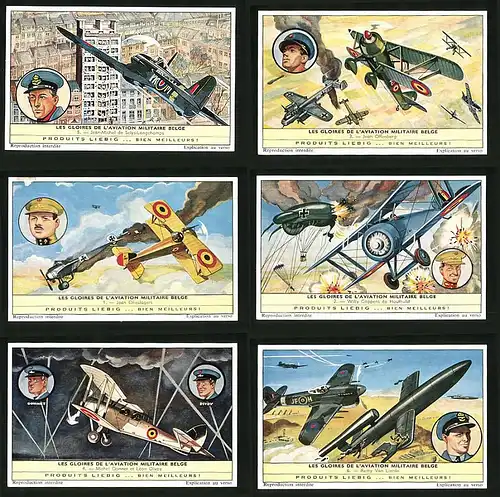 6 Sammelbilder Liebig, Serie Nr. 1777: Les Gloires de l`Aviation militaire Belge, Remy van Lierde, Jean Olieslagers