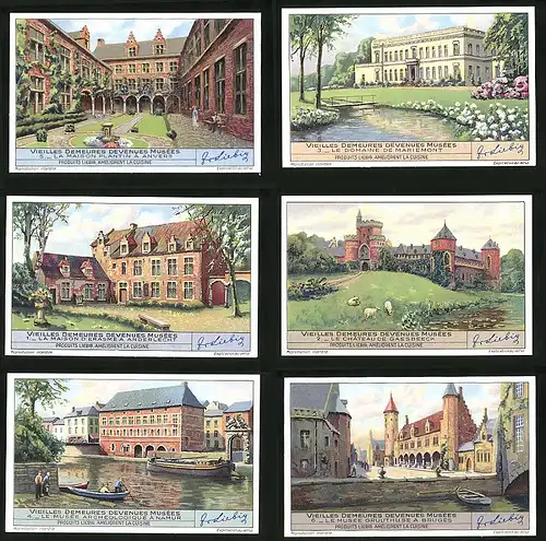6 Sammelbilder Liebig, Serie Nr. 1409: Vieilles demeures devenues Musées, Bruges, Namur, Gaesbeeck, Anderlecht, Anvers