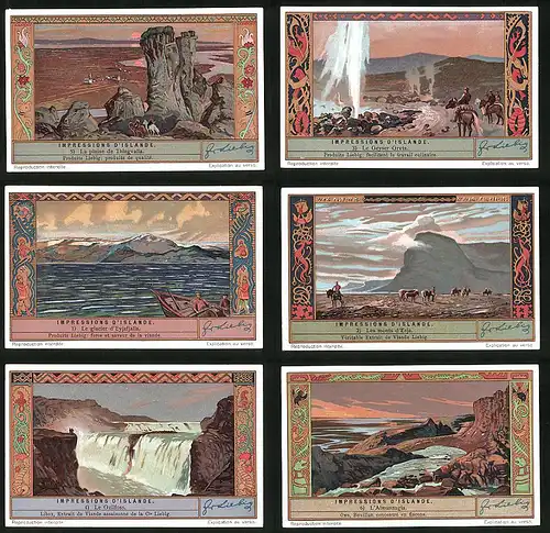 6 Sammelbilder Liebig, Serie Nr. 1295: Impressions d`Islande, L`Allmannagia, Le Gullfoss, Les monts d`Esja