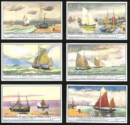 6 Sammelbilder Liebig, Serie Nr. 1583: Anciens Bateaux de Peche a voile du littoral Belge, Schiffe, Hafen, Wellen