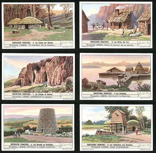 6 Sammelbilder Liebig, Serie Nr. 1412: Habitations Primitives, Les Habitations des Germains, Les Nuraghi en Sardaigne
