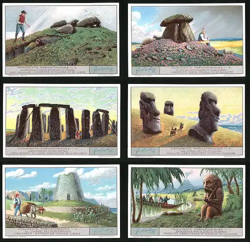 6 Sammelbilder Liebig, Serie Nr. 1249: Monuments Préhistoriques, Idole indienne dans la forêt du Nicaragua