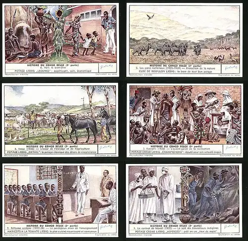 6 Sammelbilder Liebig, Serie Nr. 1547: Histoire du congo Belge, 3e partie, Le contrat de Travail, Réforme scolaire