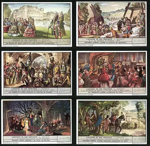 6 Sammelbilder Liebig, Serie Nr. 1524: L`Histoire de nos Provinces-Hainaut, La villa mérovingienne d`Estinnes-au-Mont