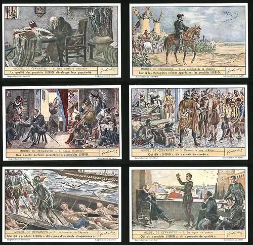 6 Sammelbilder Liebig, Serie Nr. 1334: Miguel de Cervantes, La lecon de poésie, La bataille de Lépante