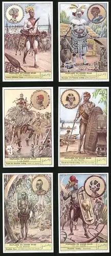 6 Sammelbilder Liebig, Serie Nr. 1626: Peuplades du congo Belge, Les Azange, Les Bambuti, Les Ngombe, Les Bayaka