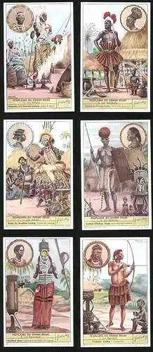 6 Sammelbilder Liebig, Serie Nr. 1626: Peuplades du congo Belge, Les Bambala, Les Basengele, Les Batetela