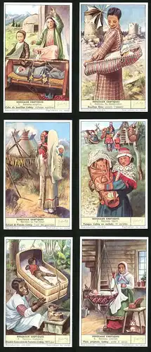 6 Sammelbilder Liebig, Serie Nr. 1665: Berceaux Exotiques, Berceau sibérien, Berceau malgache, Berceau lapon