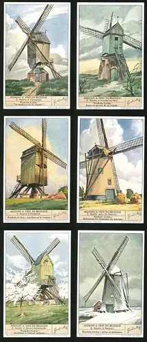 6 Sammelbilder Liebig, Serie Nr. 1441: Moulins a vent en Belgique, Moulin á Hechtel, Bevere-Audenarde, Deynze