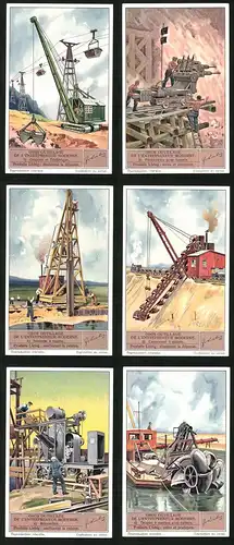 6 Sammelbilder Liebig, Serie Nr. 1379: Gros outillage de l`Entperpeneur Moderne, Drague á succion avec cutters