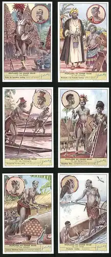 6 Sammelbilder Liebig, Serie Nr. 1626: Peuplades du congo Belge, Les Sango, Les Bangala, Les Bangelima, Les Wasongola
