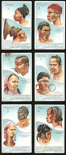 6 Sammelbilder Liebig, Serie Nr. 1292: L`Esthétique chez les Peuples Primitifs, Les mutilations aux oreilles