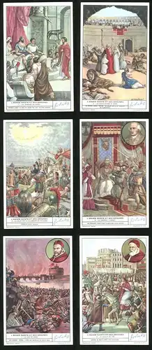 6 Sammelbilder Liebig, Serie Nr. 1474: L`Année Sainte et ses Origines, Le Jubilé de 1575, Le sac de Rome