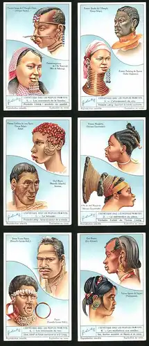 6 Sammelbilder Liebig, Serie Nr. 1292: L`Esthétique chez les Peuples Primitifs, Les mutilations aux oreilles
